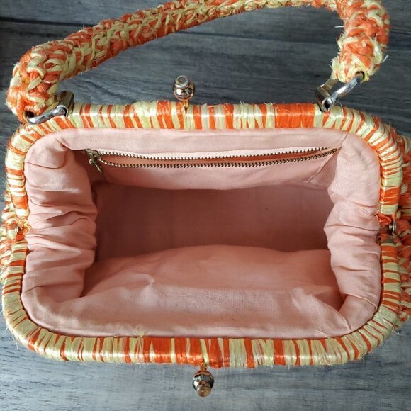 Vintage 1950s 1960s Orange And Yellow Crochet Raffia Handbag Purse - Picture 6 of 13
